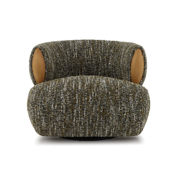 Green fabric swivel chair with natural oak accents and rounded sculptural form