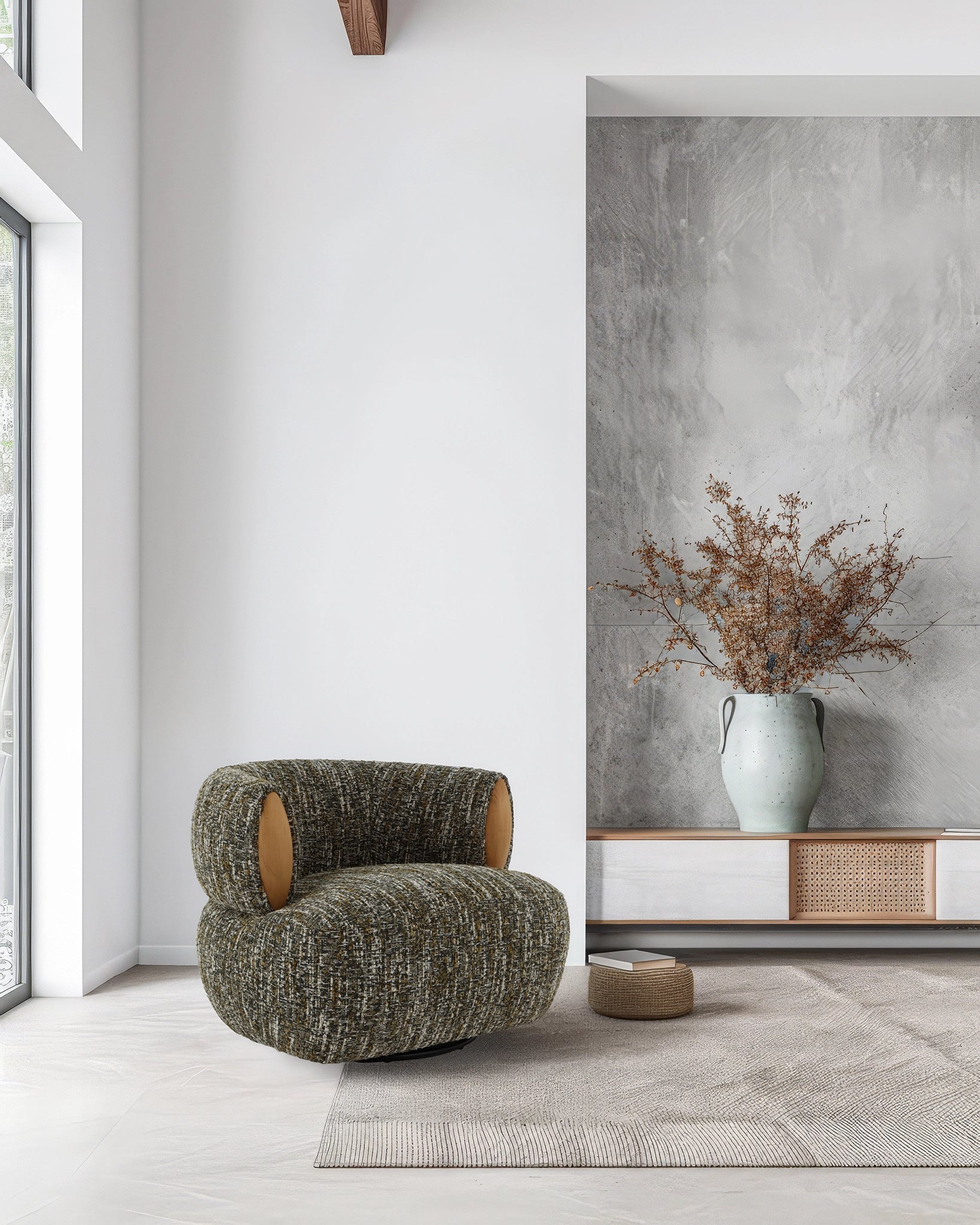 Theo – Swivel Armchair with Wooden Accents in textured dark fabric with curved silhouette and visible solid oak details