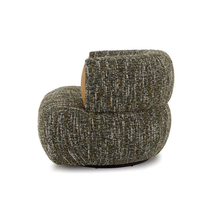 Theo – Swivel Armchair with Wooden Accents in textured green fabric with rounded sculptural shape and visible oak wood detail