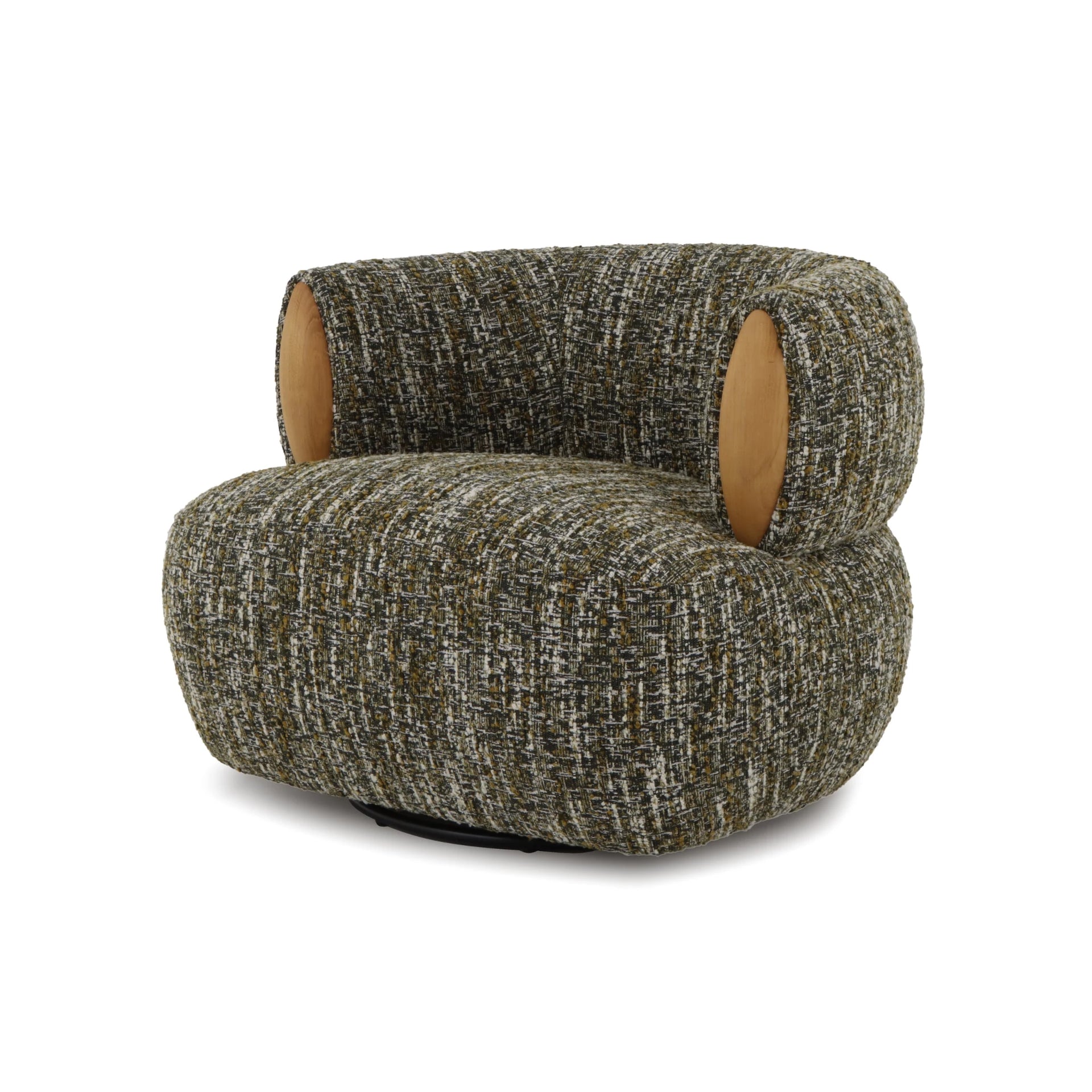 Theo green swivel armchair with oak wooden side panels and curved design