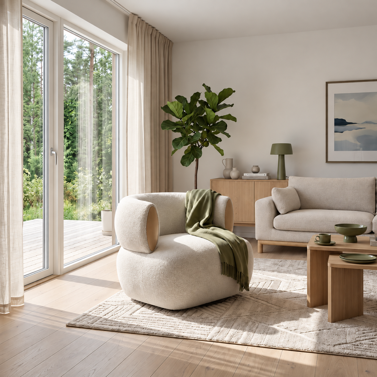 Theo – Beige Swivel Armchair with American White Oak Accents