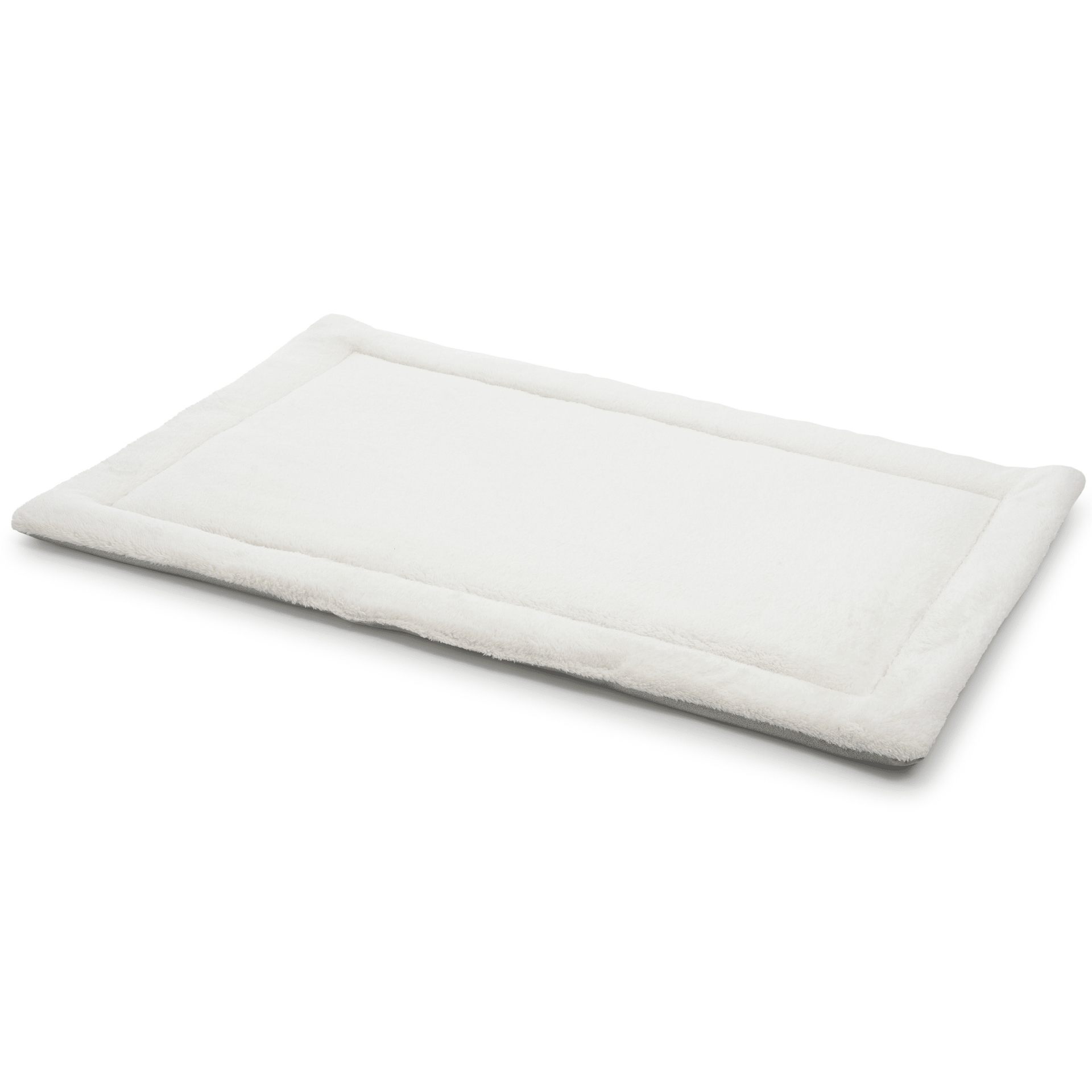 White teddy dog mattress with reversible design and non-slip base for crate or sofa use