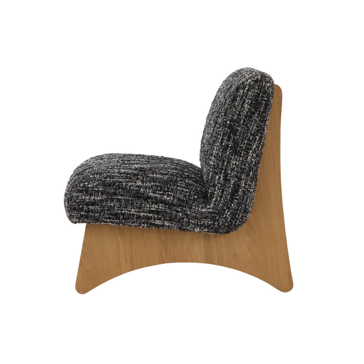 Contemporary oak armchair with black upholstery and rounded silhouette