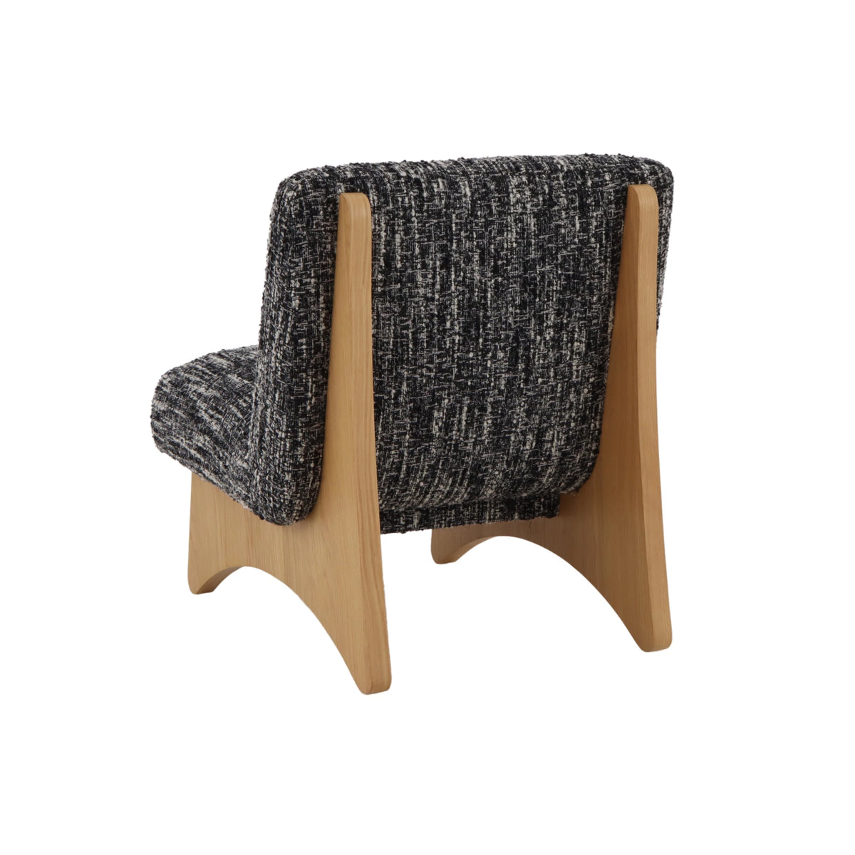 Tommy – Black Fabric Armchair with Oak Legs rear angle highlighting textured black-and-white fabric and natural solid oak frame