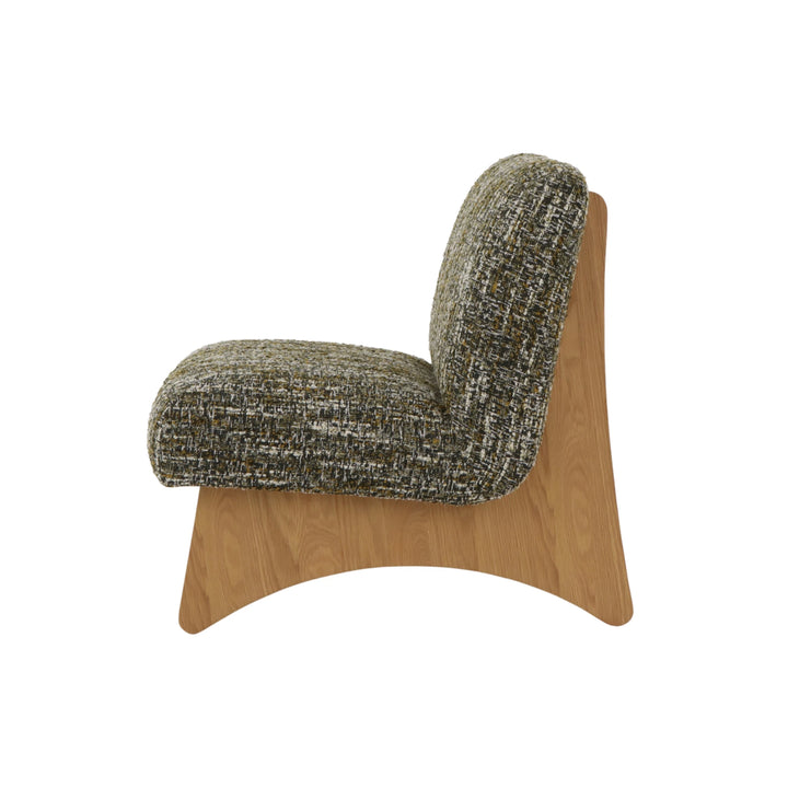 Modern green upholstered armchair with oak wooden base and curved design
