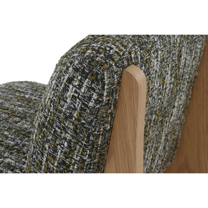 Tommy – Green Fabric Armchair with Oak Legs close-up of textured green and cream upholstery and smooth natural oak frame