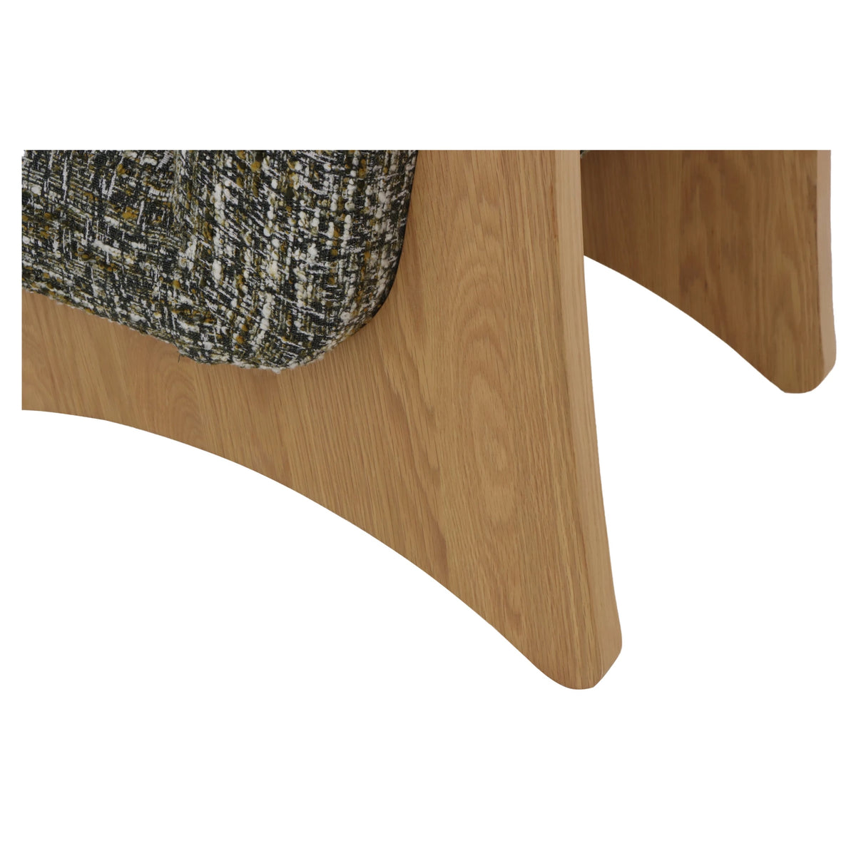 Tommy – Green Fabric Armchair with Oak Legs close-up on smooth solid oak curved base and green textured fabric