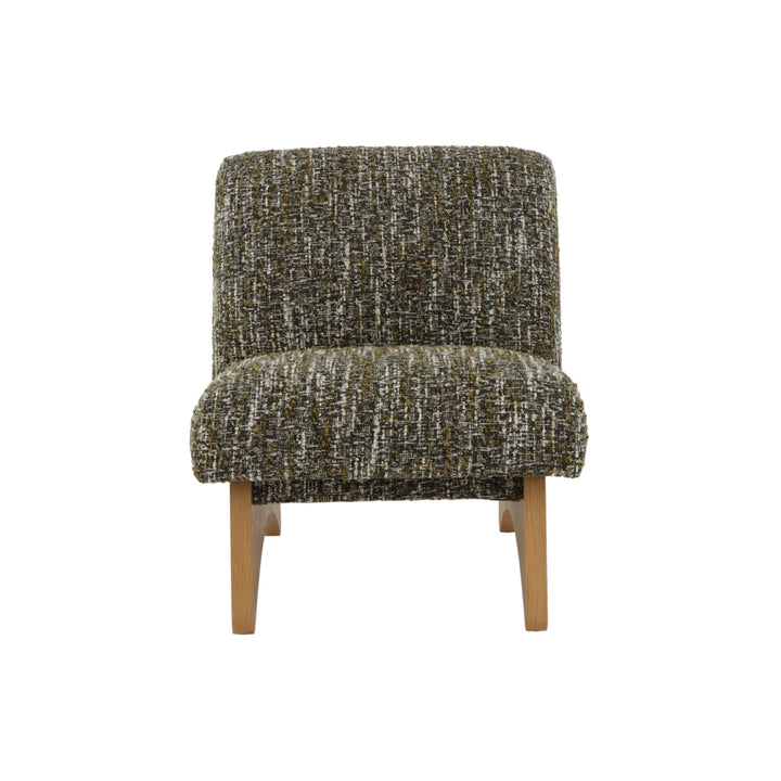 Comfortable green armchair with textured fabric and natural oak legs