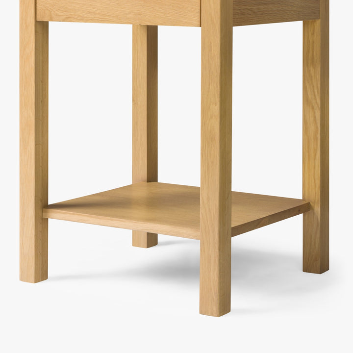 Tommy Nightstand with Drawer – Solid American Oak lower shelf detail with natural oak wood grain and minimalist solid wood furniture design, gallery NH461801-WNS-NT-004.jpg