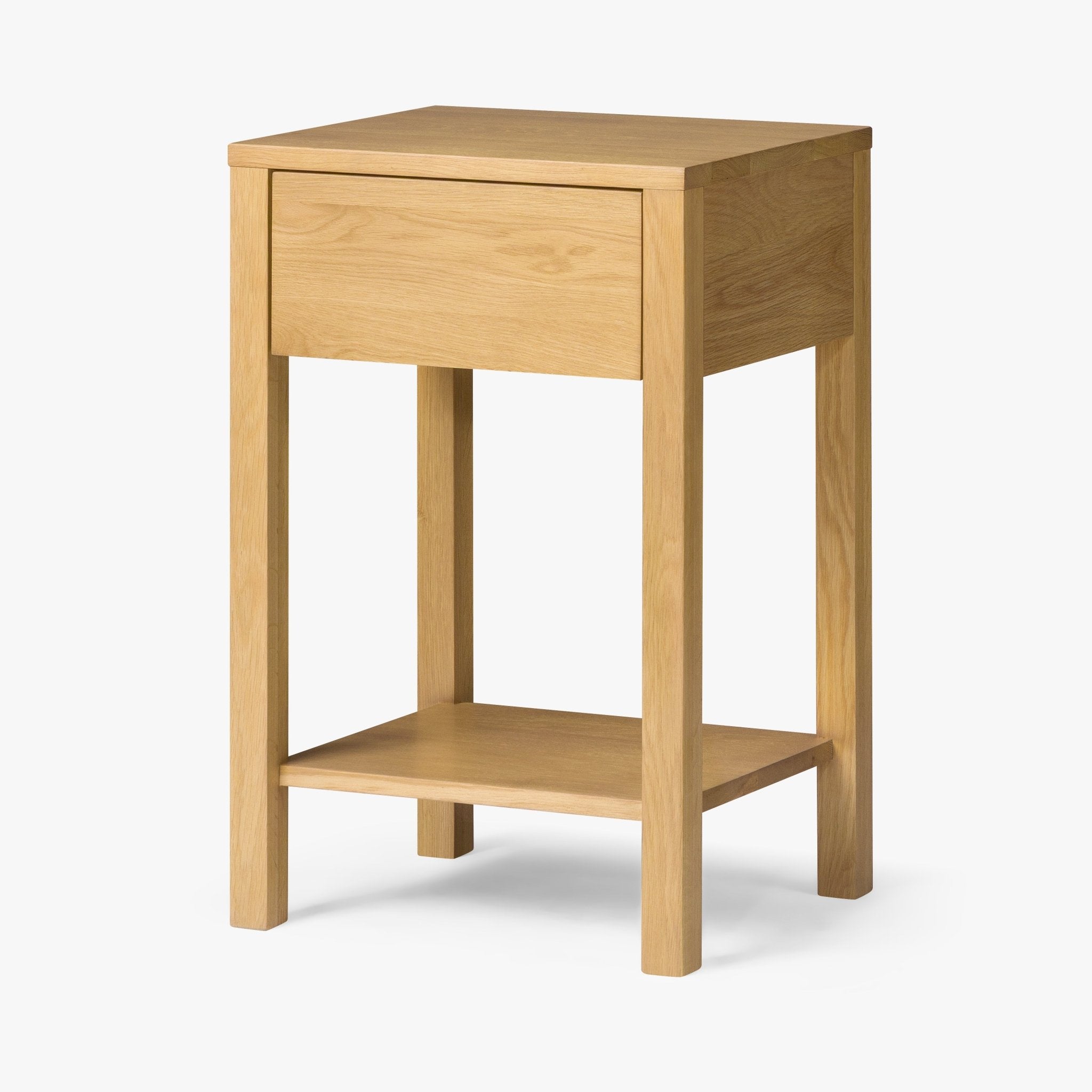 Tommy Nightstand with Drawer – Solid American Oak in natural oak finish with slim taller profile and lower open shelf, gallery position 1 NH461801-WNS-NT-006.jpg