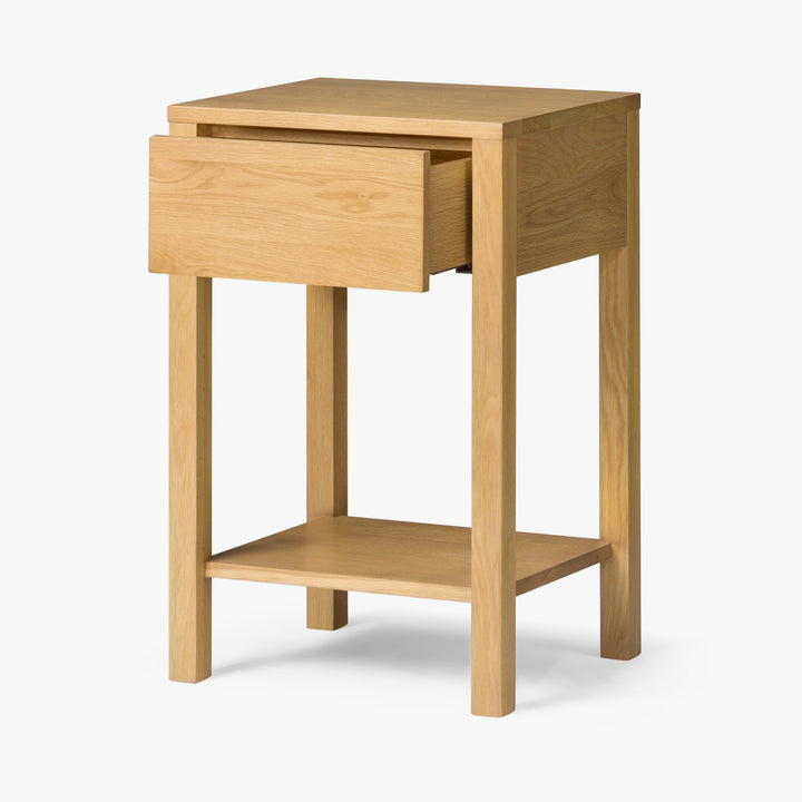 Tommy Nightstand with Drawer – Solid American Oak with open drawer, slim tall profile, natural oak finish, and lower shelf, gallery position 1 NH461801-WNS-NT-007.jpg