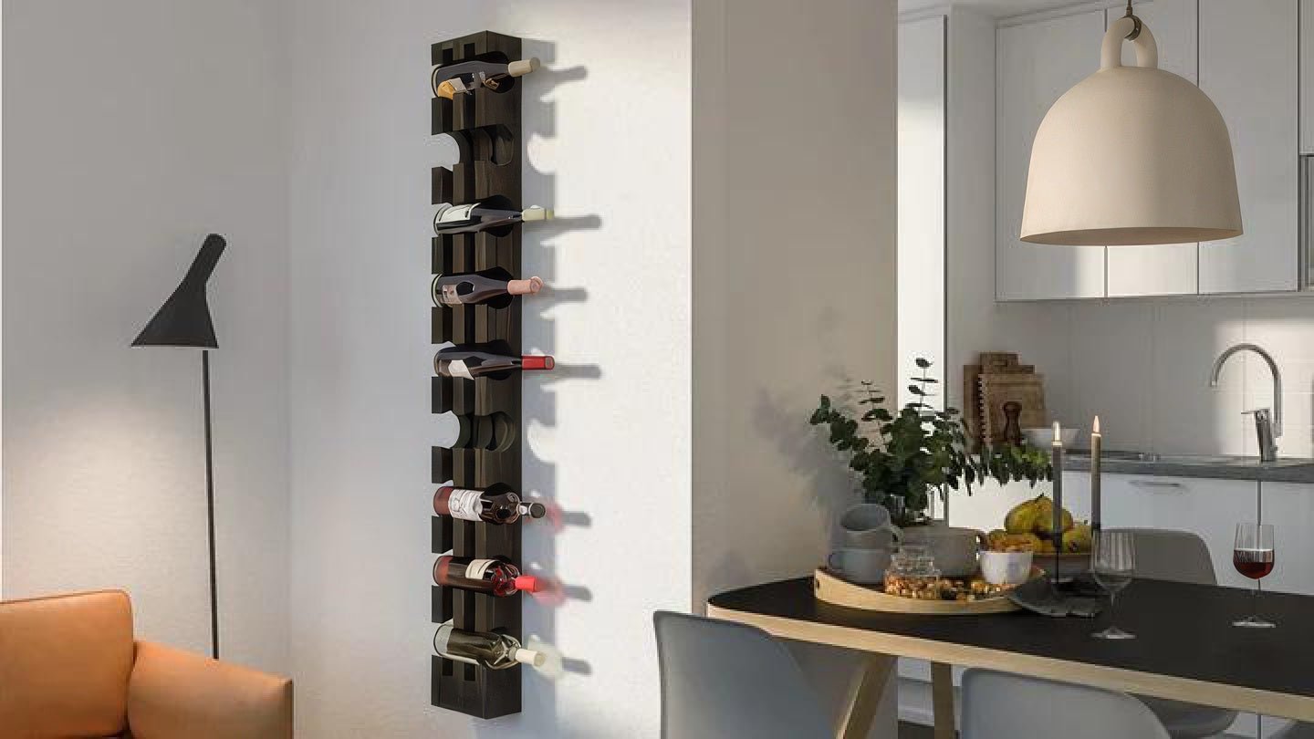 Wall-Mounted Espresso Finished Oak Wine Rack – Holds 9 Bottles with tall slim vertical design in solid oak
