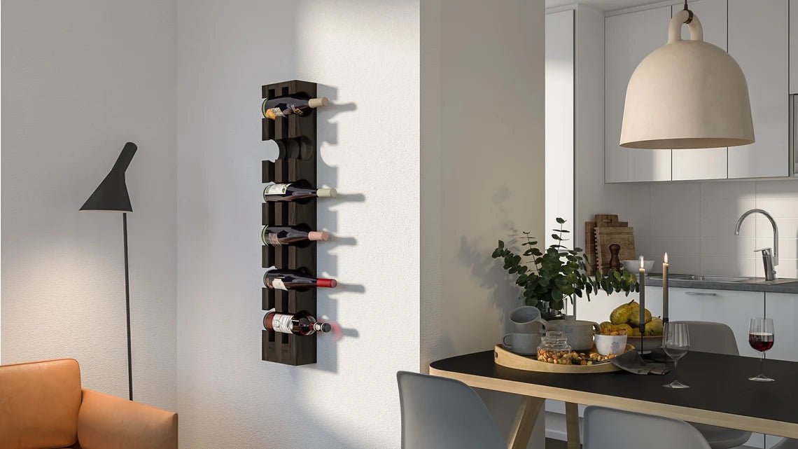 Wall-Mounted Oak Wine Rack for 6 Bottles In Espresso Finish with vertical solid oak design, minimalist style
