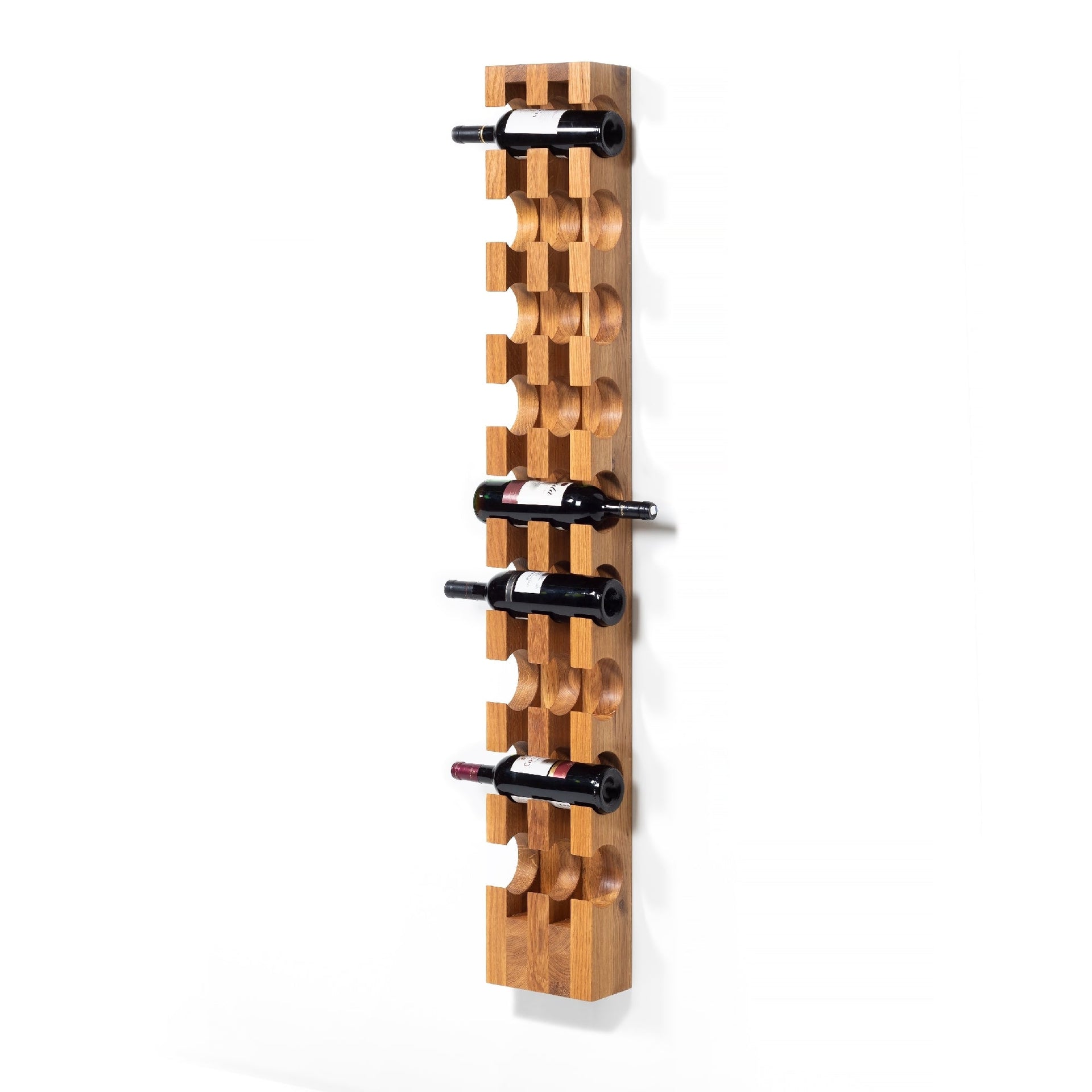 Handcrafted wall-mounted oak wine rack holding 9 bottles with natural wood grain