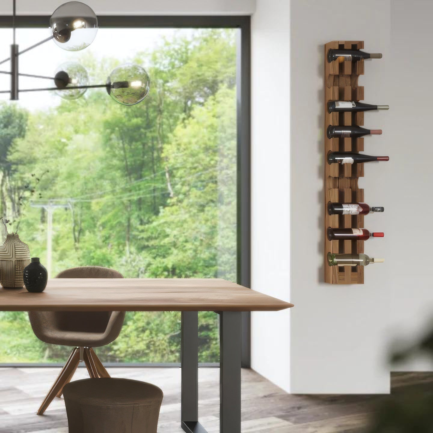 Wall-Mounted Oak Wine Rack – Handcrafted Solid Hardwood, Holds 9 Bottles, minimalist natural oak wood design mounted in modern dining space, gallery 1.