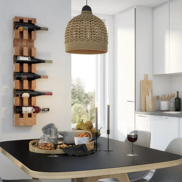 Handcrafted solid oak wall-mounted wine rack holding 6 bottles with natural grain