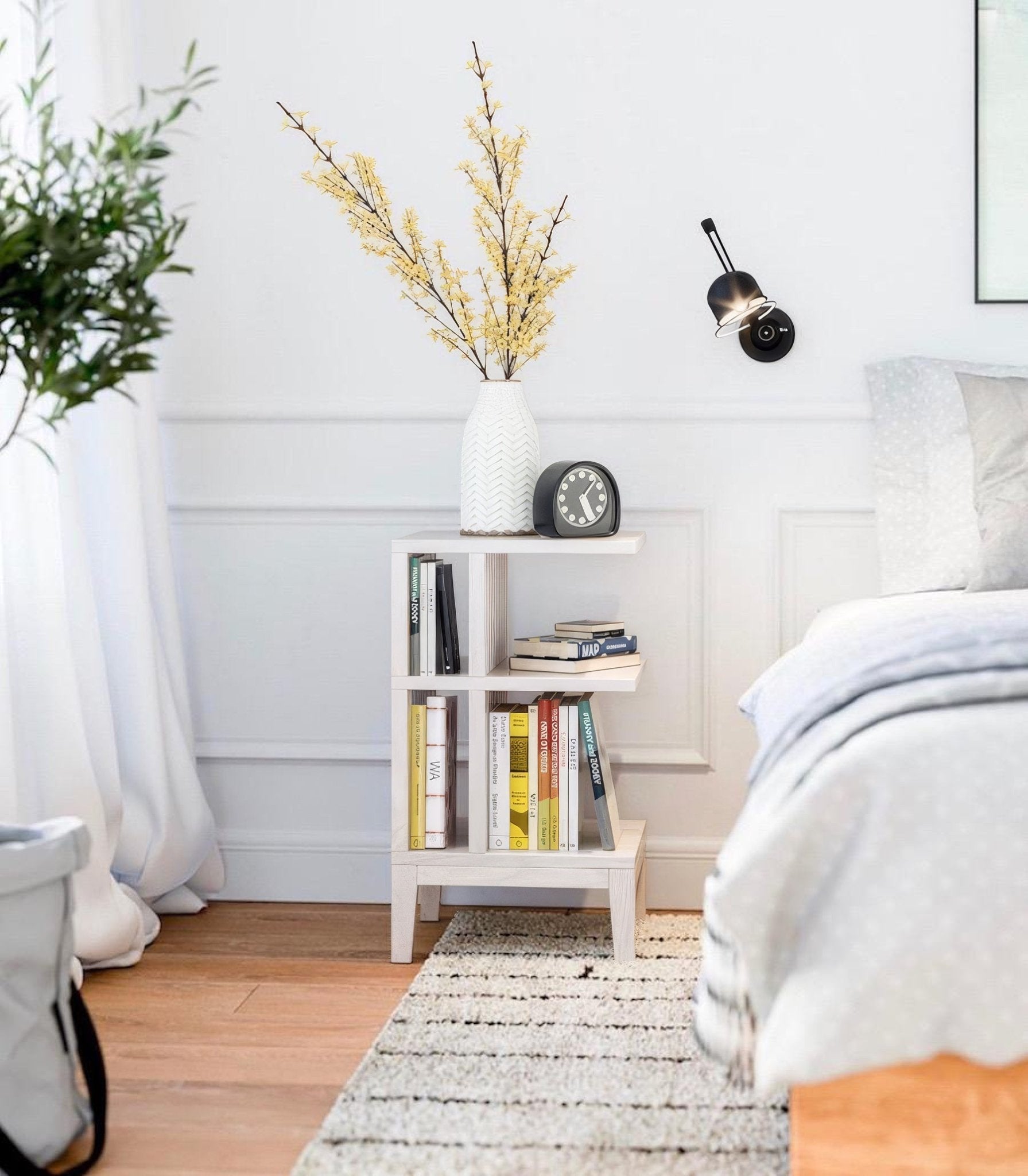 Celine white beech nightstand with tiered open shelves and vertical slat design