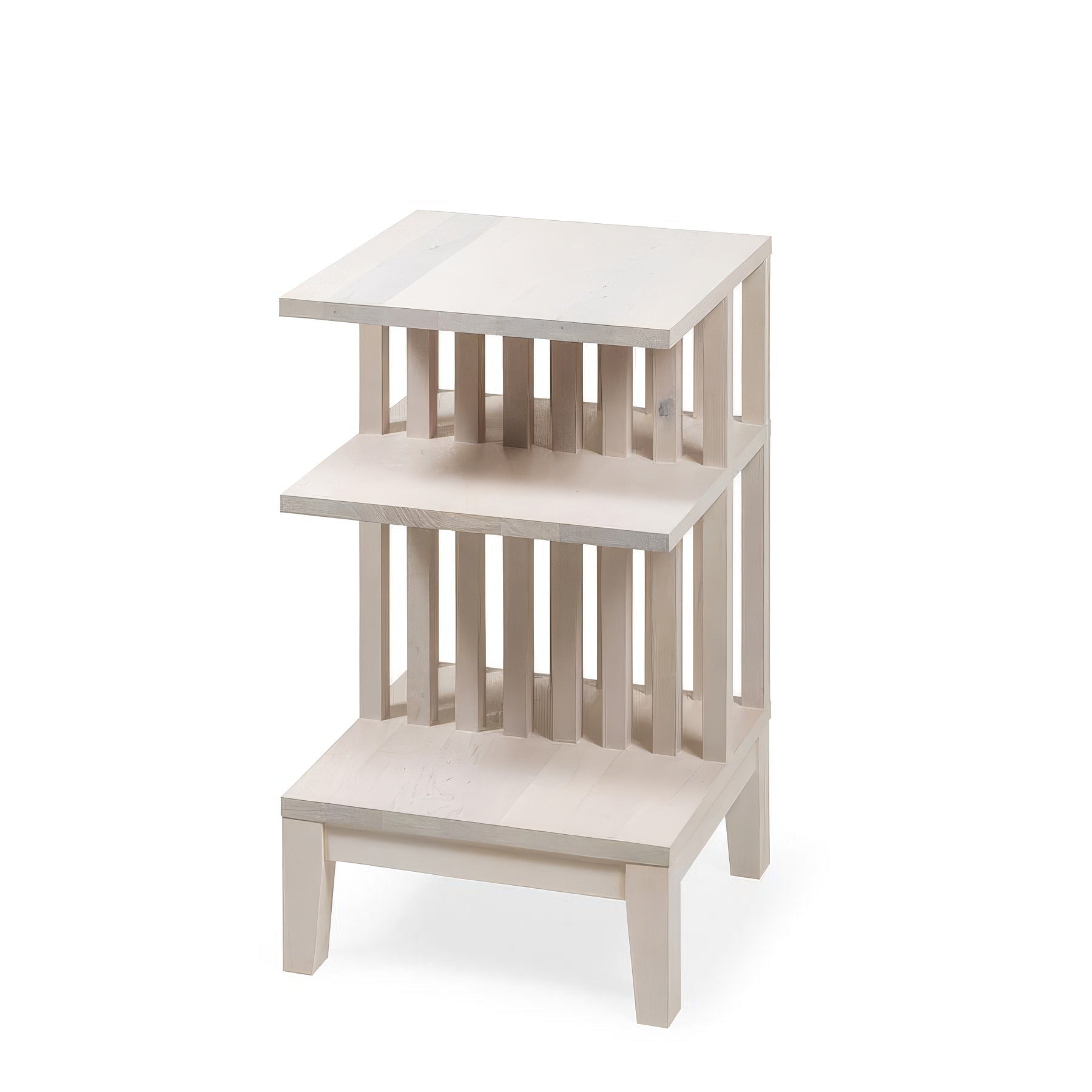 Modern white bedside table made from solid beech with three open storage levels