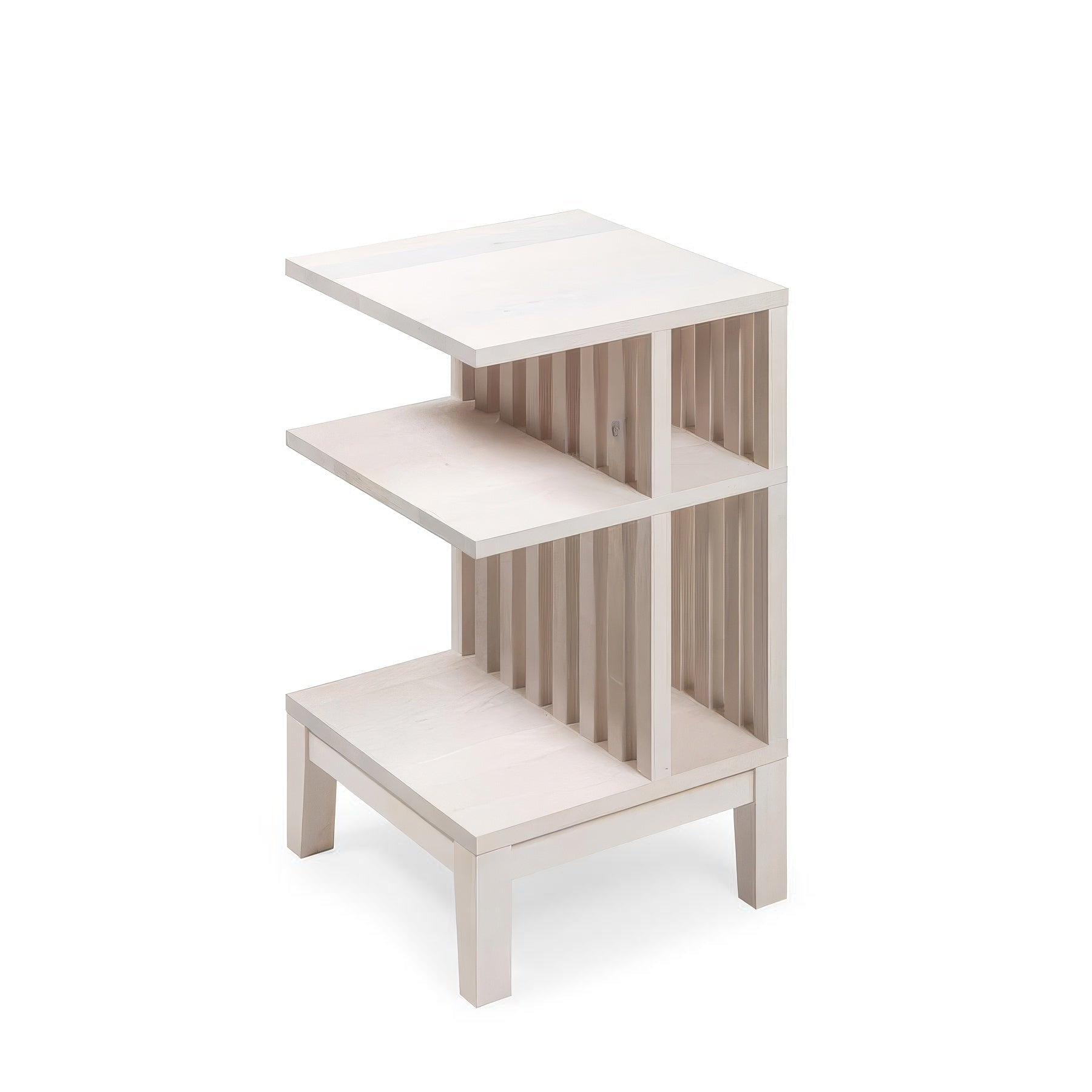 Compact white beech wood nightstand with architectural slatted sides and minimalist design