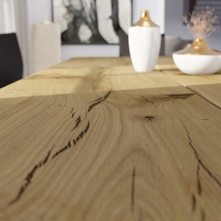 Rustic solid oak dining table with unique wood textures and artisanal craftsmanship