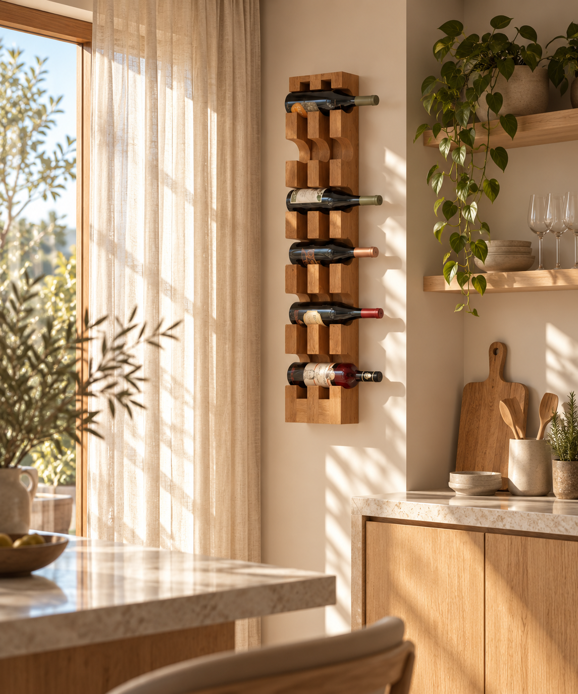 Wall-Mounted American White Oak Wine Rack - Handcrafted Solid Wood, Holds 6 Bottles