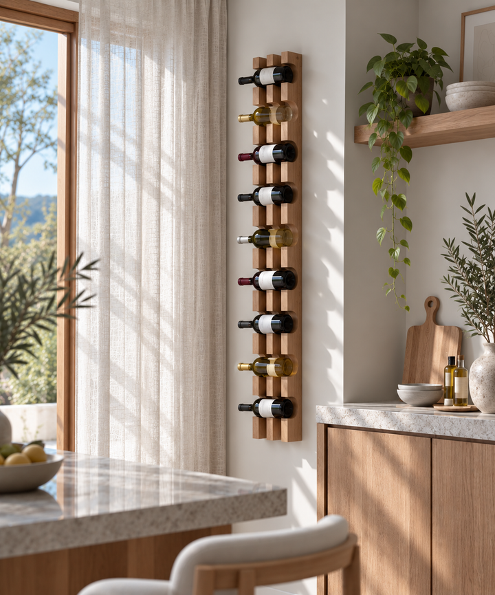 A tall, narrow wooden wine rack mounted on a light wall in a bright kitchen, holding multiple wine bottles horizontally. The scene includes a marble countertop, wooden cabinetry, a hanging green plant, and a window with sheer curtains casting soft light across the space.