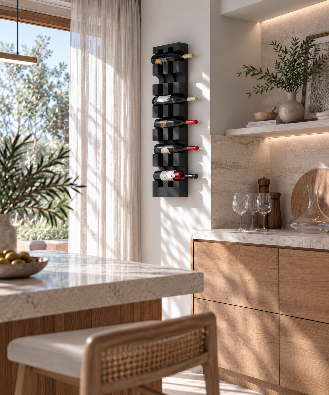 Wall-Mounted American White Oak Wine Rack for 6 Bottles In Espresso Finish