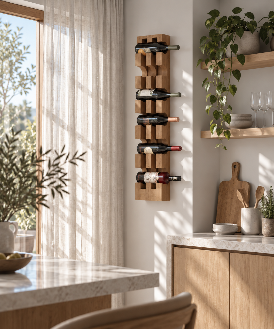 Wall-Mounted American White Oak Wine Rack - Handcrafted Solid Wood, Holds 6 Bottles