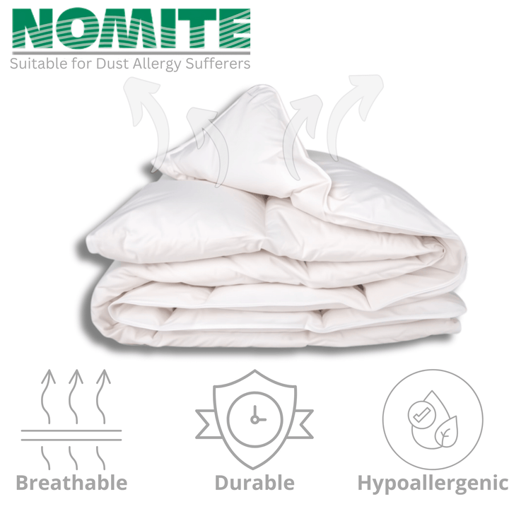 Woodek Bedding Luxury UltraClean Down & Feather Lightweight Comforter, King size folded, breathable, durable, and hypoallergenic with Nomite dust allergy label.