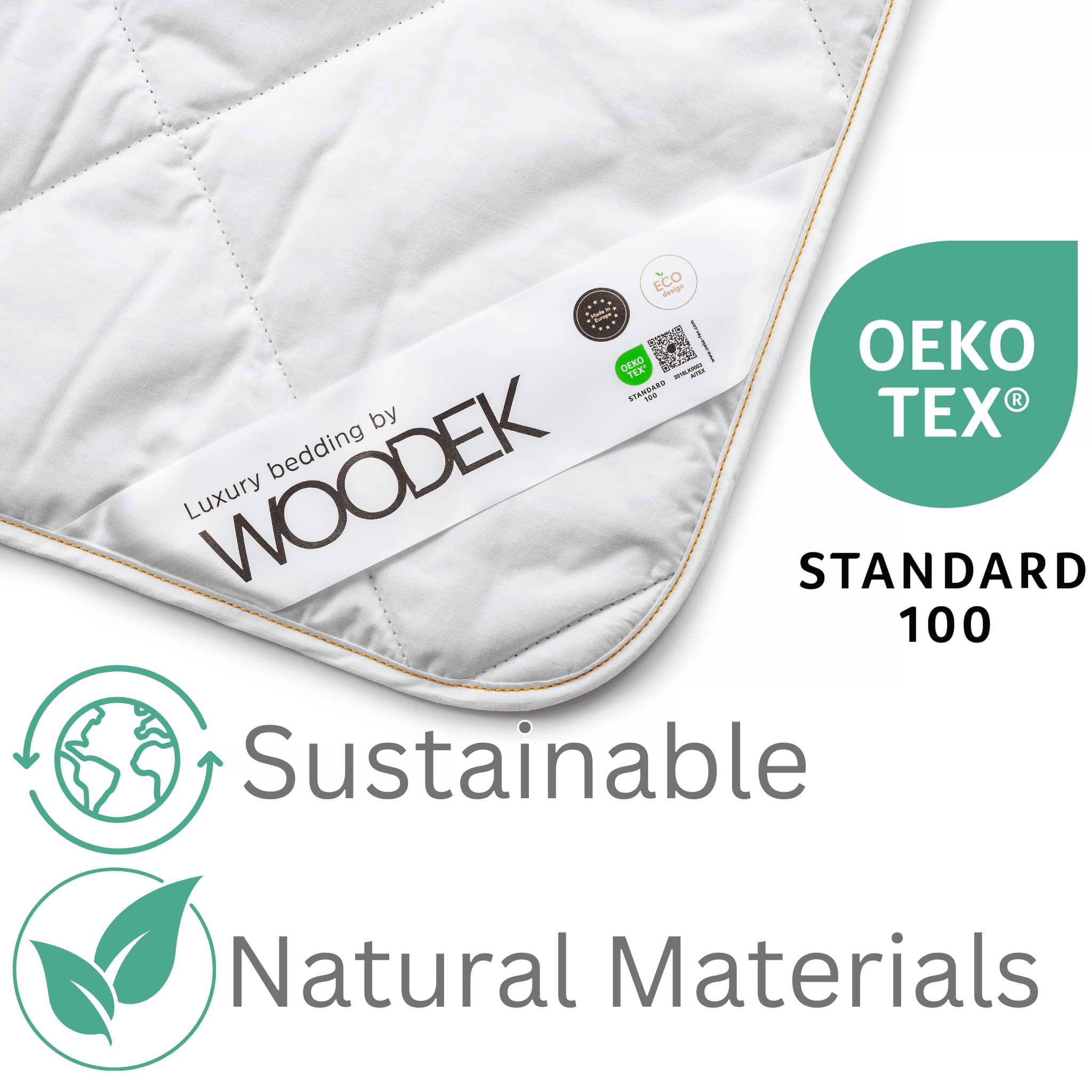 Woodek Bedding Luxury UltraClean Lightweight Comforter, Queen size with OEKO-TEX Standard 100 certification label and sustainable natural materials icons.