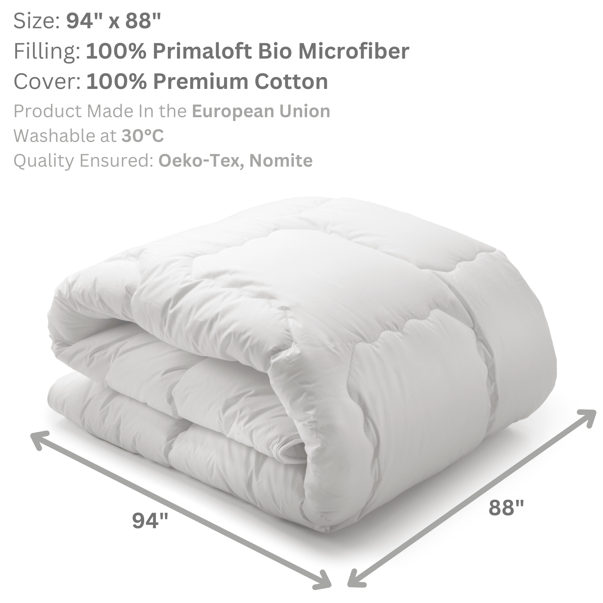 Woodek Bio Primaloft Down Alternative Comforter – Best Lightweight Cotton Comforter, All-Season folded with visible 94x88 inch size and washing instructions, gallery position 1