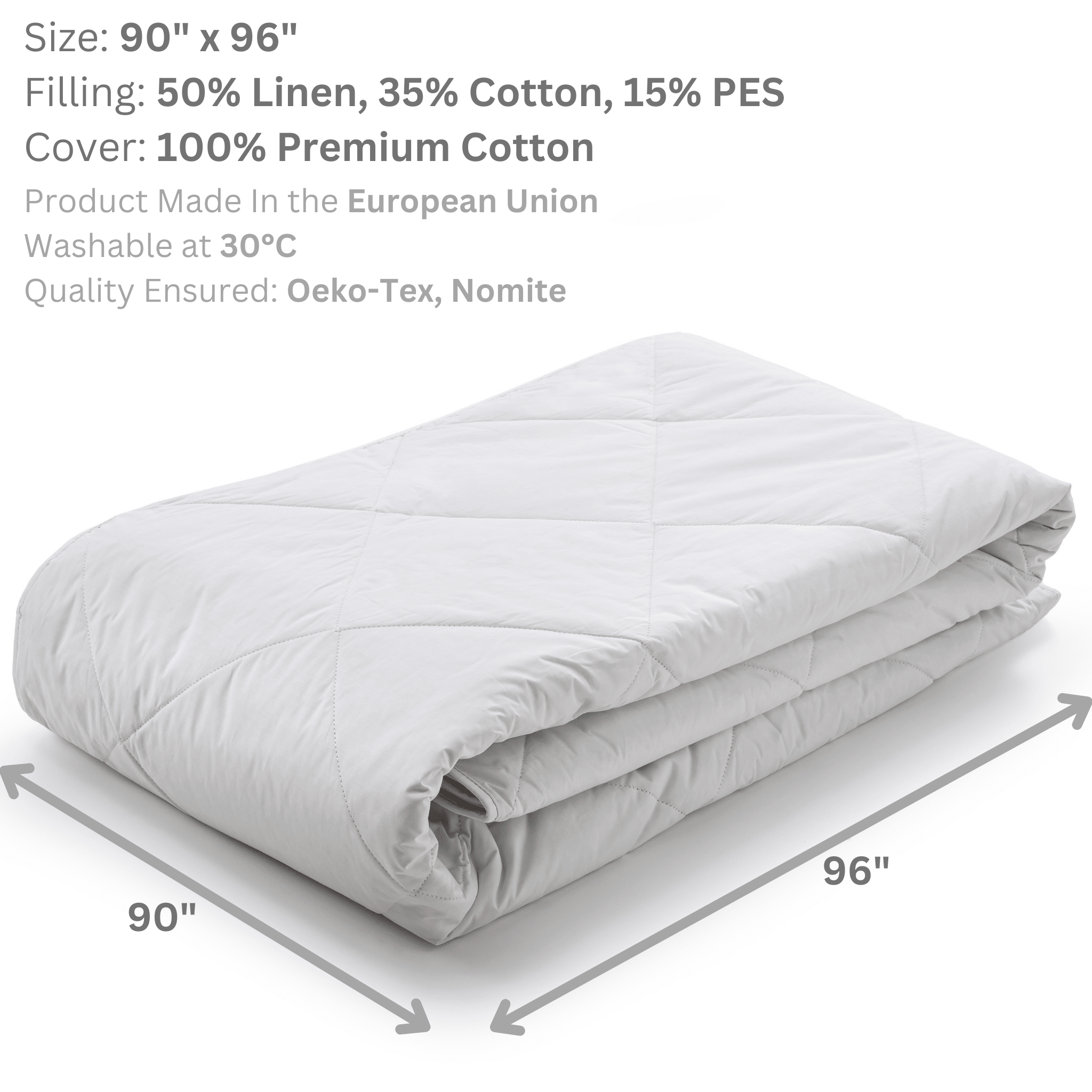 Woodek Luxury "Cold Feel" Breathable Linen Comforter - King size, 90x96 Inches folded with quilted design and size dimensions visible, gallery 1.