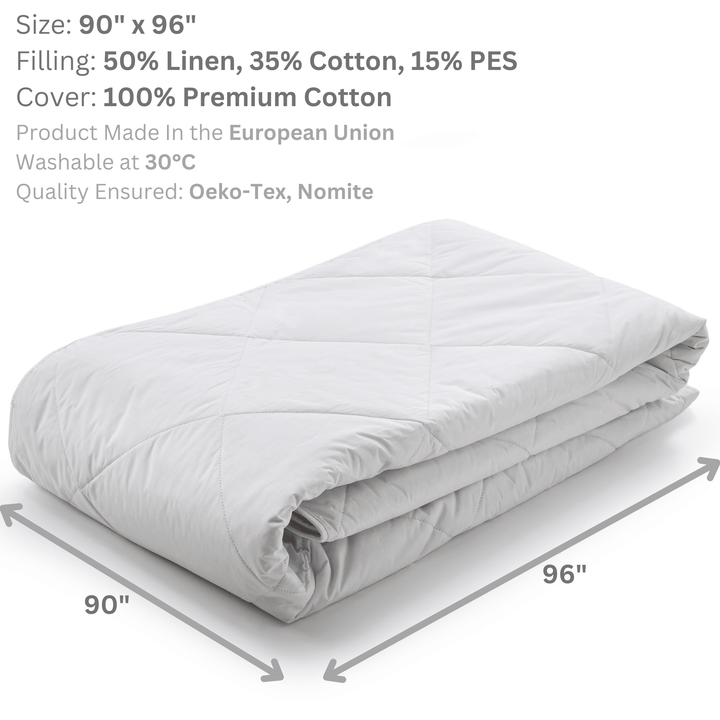 Woodek Luxury "Cold Feel" Breathable Linen Comforter - King size, 90x96 Inches folded with quilted design and size dimensions visible, gallery 1.