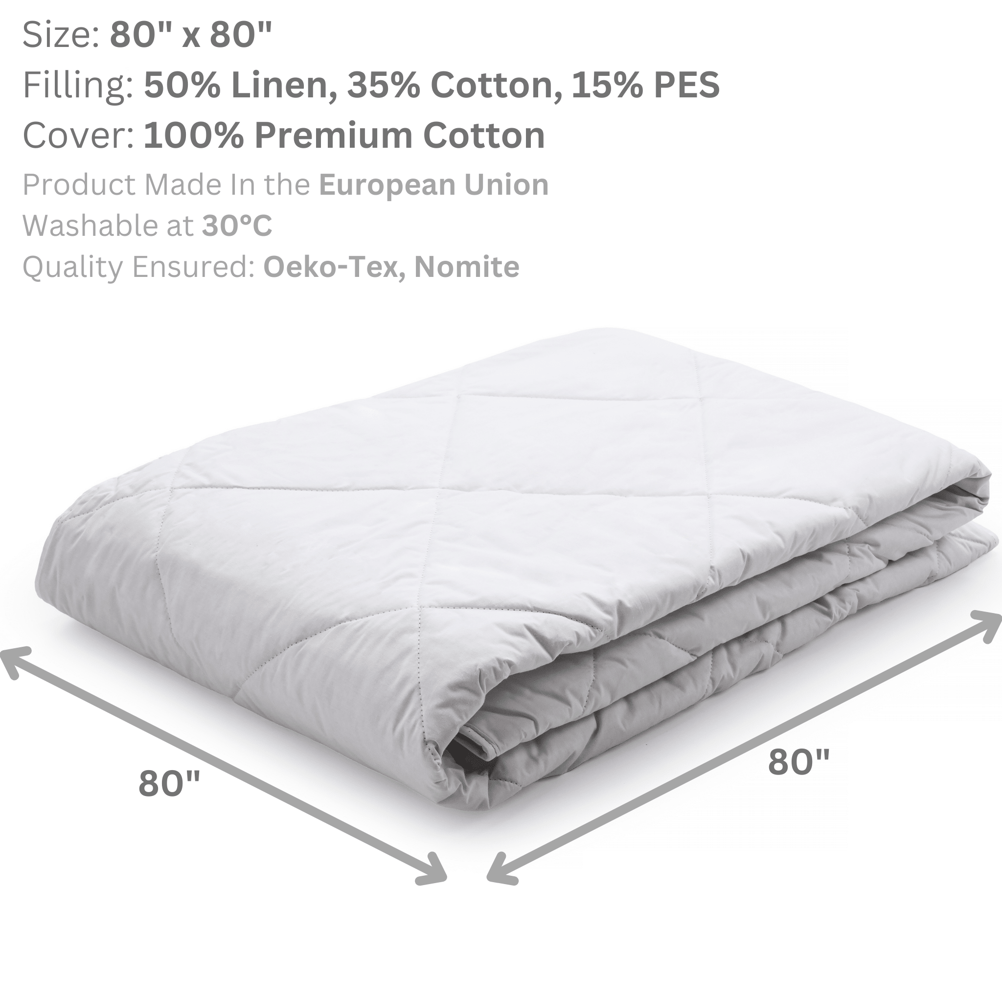 Woodek Luxury "Cold Feel" Linen Duvet, 80x80 Inches folded with visible quilted pattern and size dimensions in gallery position 1, file Linen-Duvet-200x200-1.png