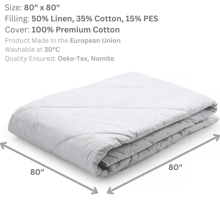 Woodek Luxury "Cold Feel" Linen Duvet, 80x80 Inches folded with visible quilted pattern and size dimensions in gallery position 1, file Linen-Duvet-200x200-1.png