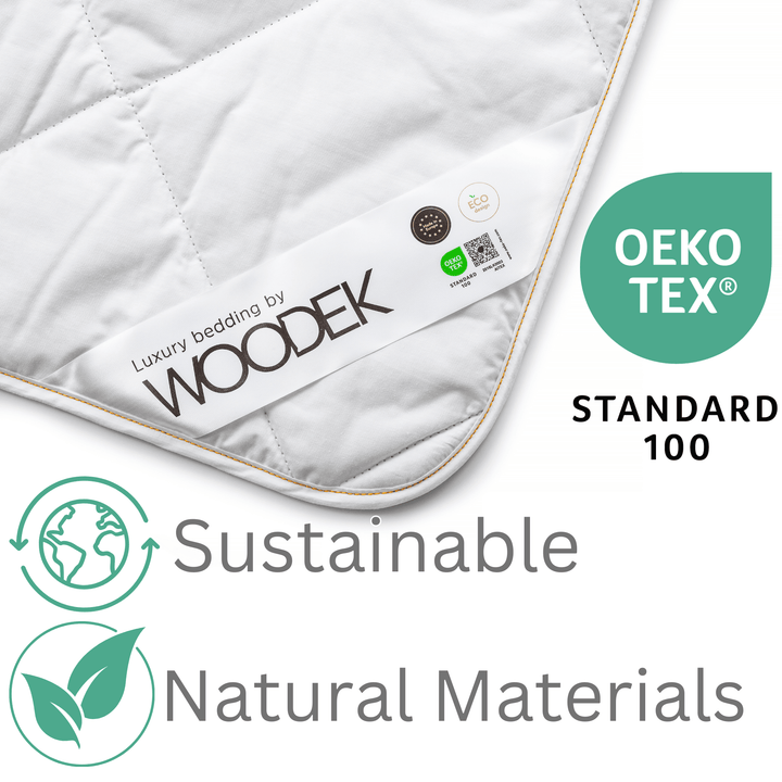 Woodek Luxury "Cold Feel" Linen Duvet, 80x80 Inches corner detail with OEKO-TEX Standard 100 certification and sustainable natural materials label