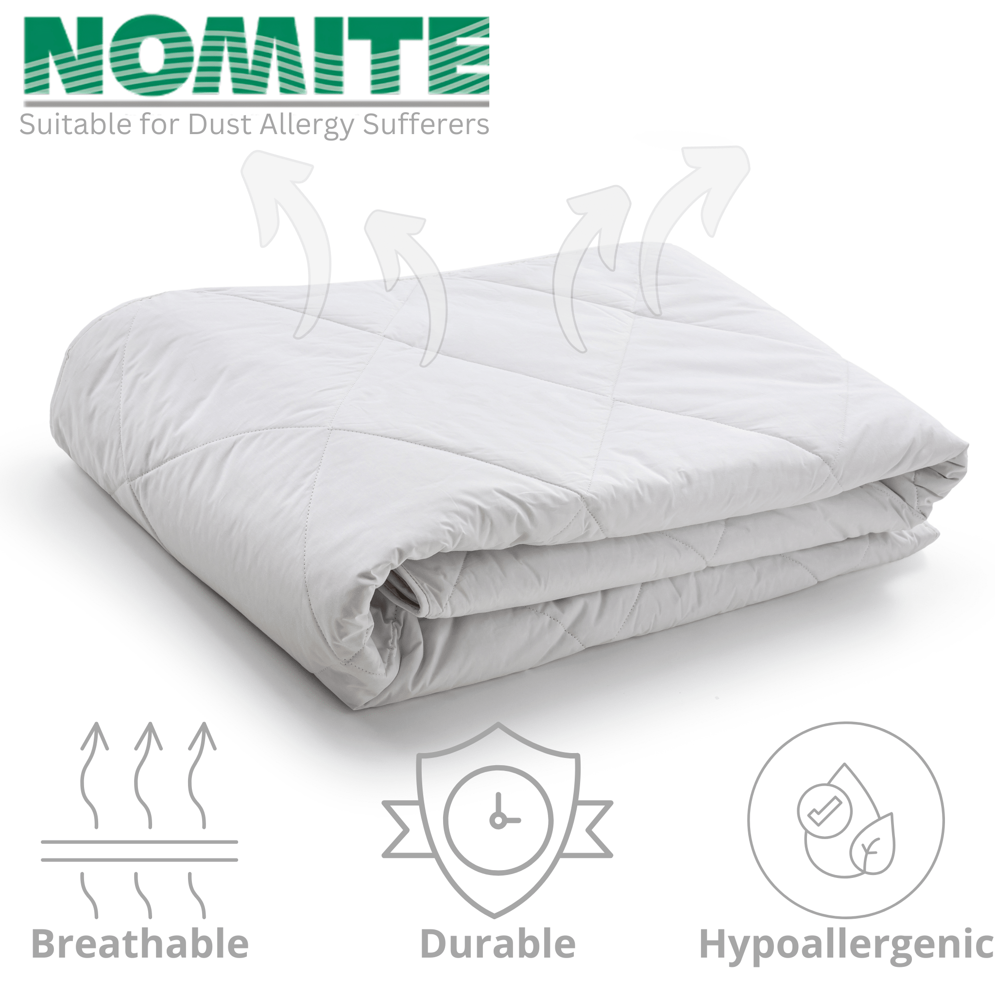 Woodek Luxury "Cold Feel" Linen Duvet, 80x80 Inches folded with NOMITE allergy certification and breathable hypoallergenic fabric icons