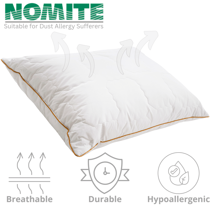 Woodek Luxury Cotton Pillow – Down Alternative Primaloft with Nomite certification, breathable fabric, durable stitching, and hypoallergenic properties