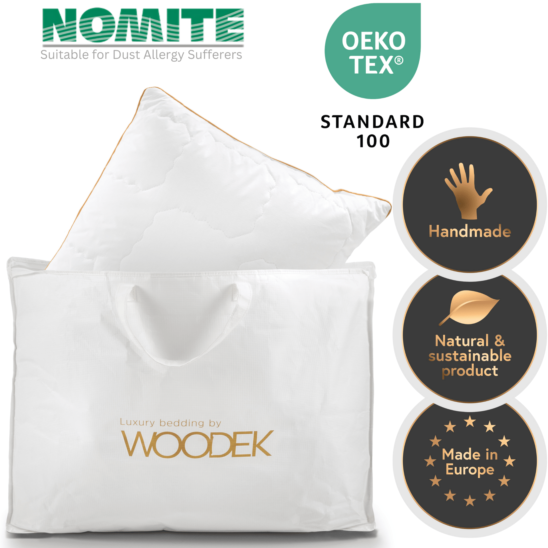 Woodek Luxury Cotton Pillow – Down Alternative Primaloft with certified hypoallergenic design in branded white carry bag, gallery 1 Primaloft-First-Picture.png
