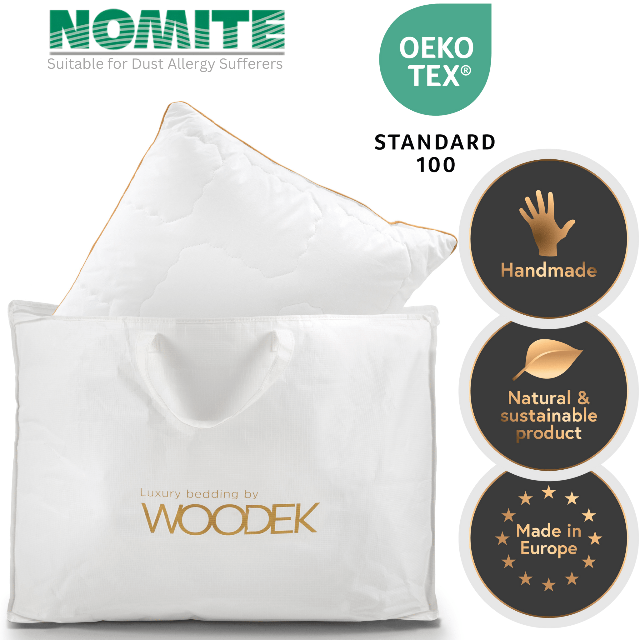 Woodek Luxury Cotton Pillow – Down Alternative Primaloft with certified hypoallergenic design in branded white carry bag, gallery 1 Primaloft-First-Picture.png