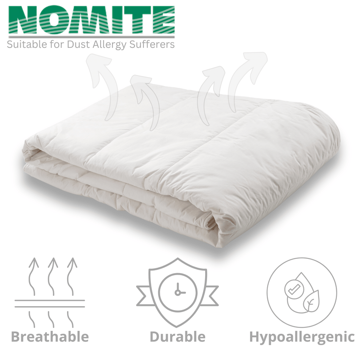 Woodek Luxury Natural and Breathable Cotton Duvet folded with NOMITE allergy-friendly certification and icons for breathability and durability