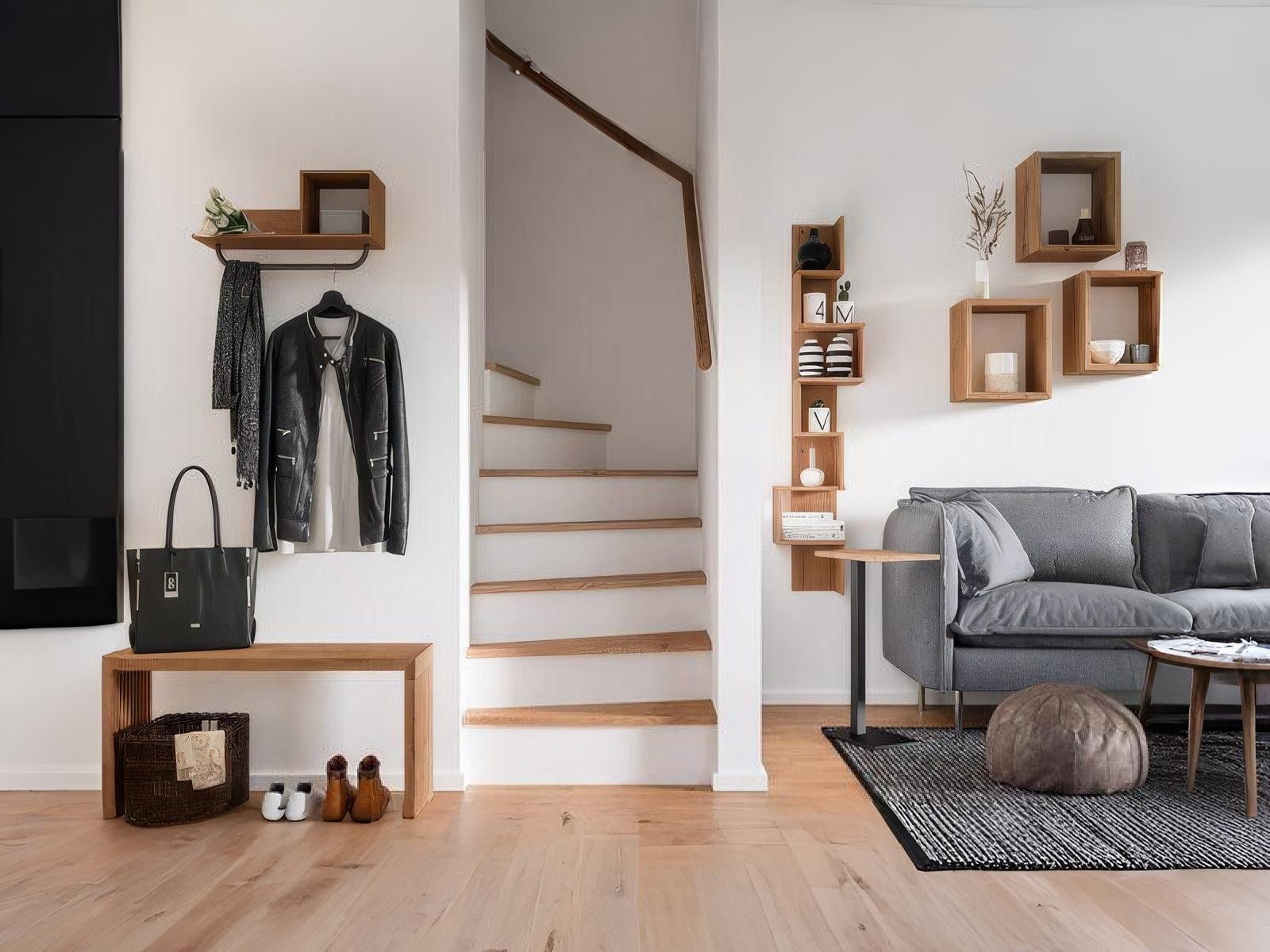 Wooden Bookshelf Hugo – Oak with Natural Wood Oil Finish shown in minimalist hallway setup with integrated shelving and natural solid oak furniture