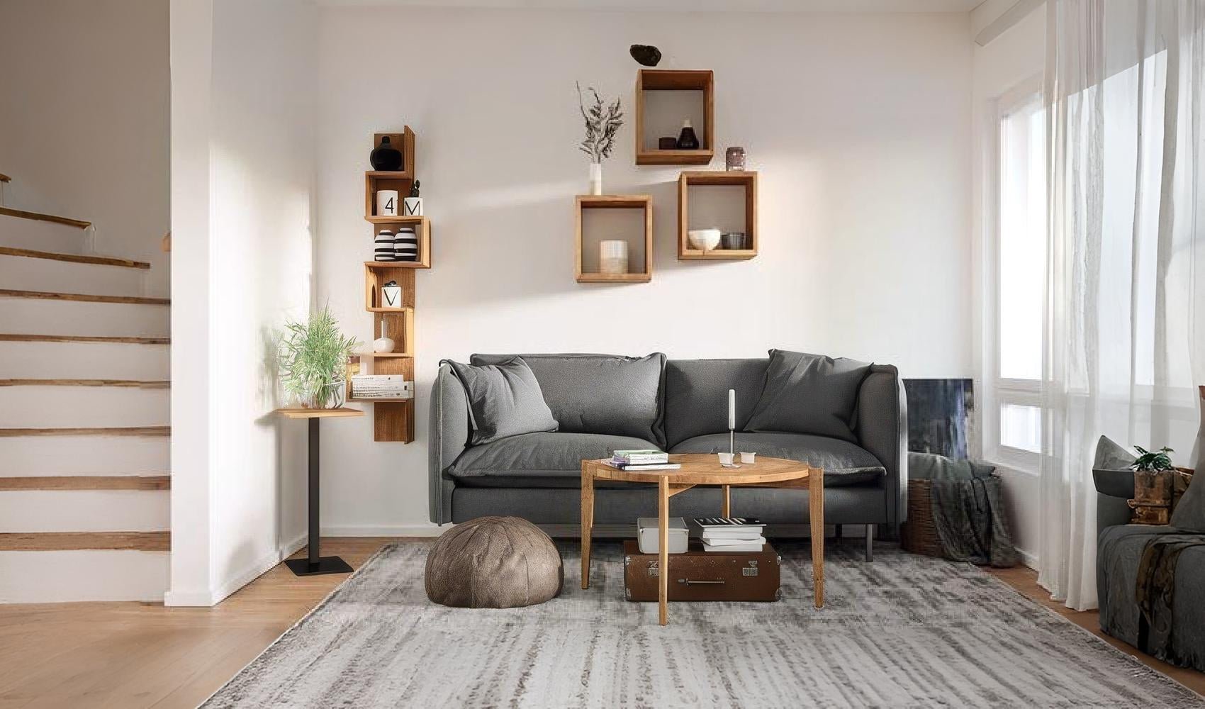 Wooden Bookshelf Hugo – Oak with Natural Wood Oil Finish in a minimalist Scandinavian living room with shelving and neutral décor
