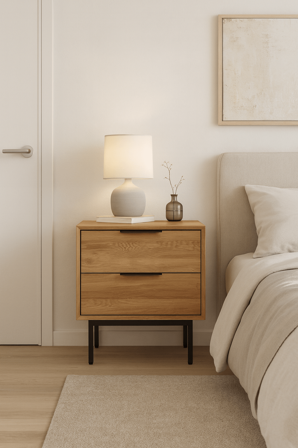 Bergen wooden nightstand with two soft-close drawers and matte lacquer oak finish