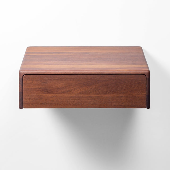 Frank Walnut Floating Nightstand straight front view on white background showing solid walnut construction and drawer