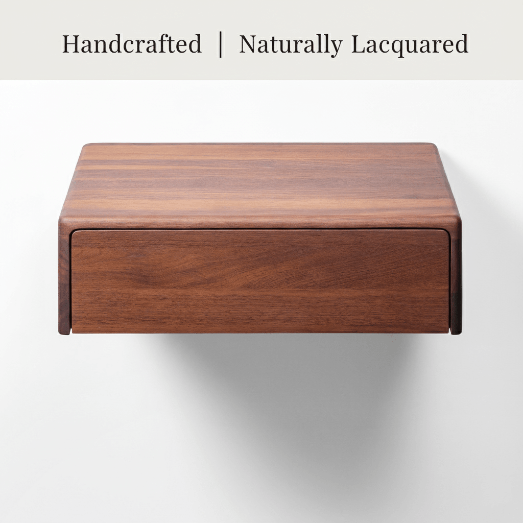 A handcrafted wooden box with a single drawer, featuring a rich medium-brown wood grain and a glossy natural lacquer finish, shown against a light gray background with a text banner at the top reading 'Handcrafted | Naturally Lacquered'.