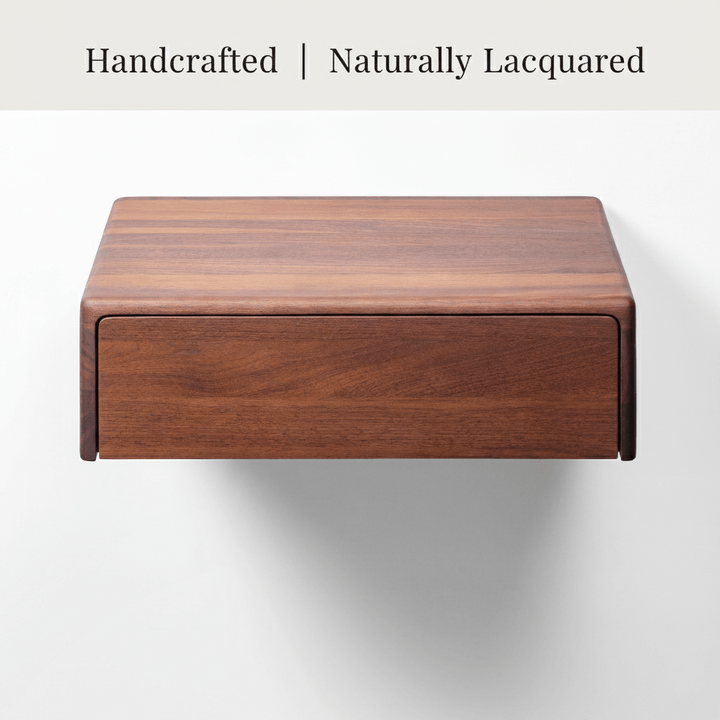 A handcrafted wooden box with a single drawer, featuring a rich medium-brown wood grain and a glossy natural lacquer finish, shown against a light gray background with a text banner at the top reading 'Handcrafted | Naturally Lacquered'.