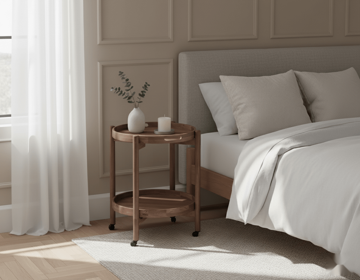 Elegant walnut serving table with matte finish and mobile design