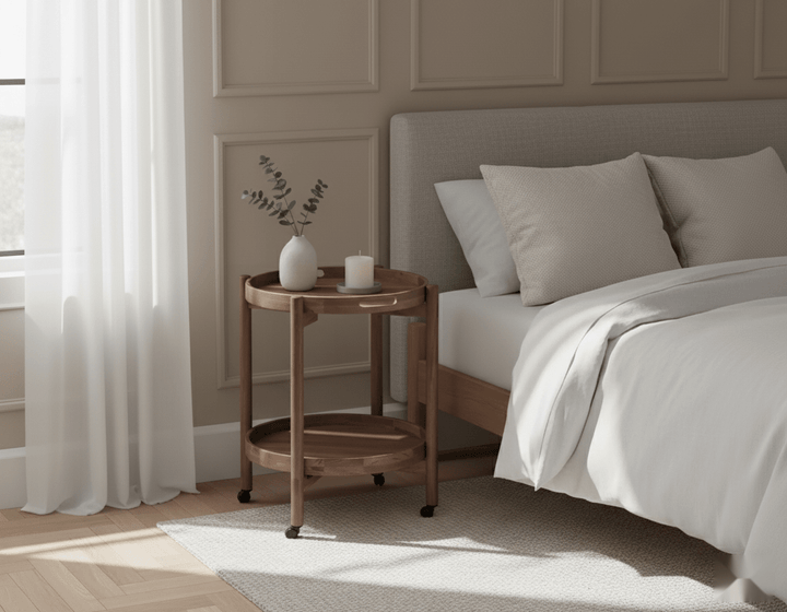 Elegant walnut serving table with matte finish and mobile design