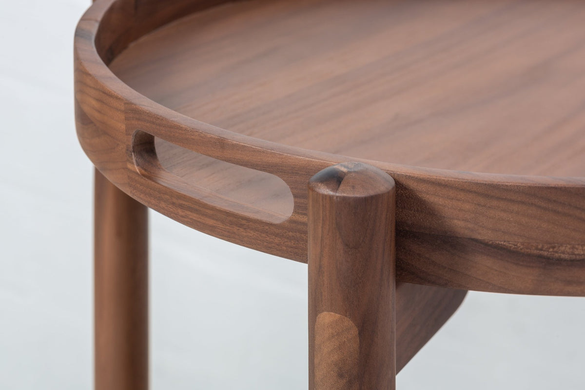 Wooden Serving Table Hugo - Walnut close-up of smooth walnut wood grain and integrated handle detail, refined solid wood craftsmanship